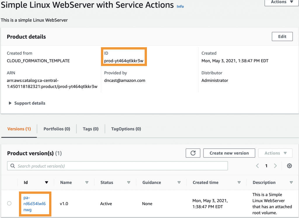 In the Product details section, the ID field is highlighted. In Product versions, the product version ID is highlighted.