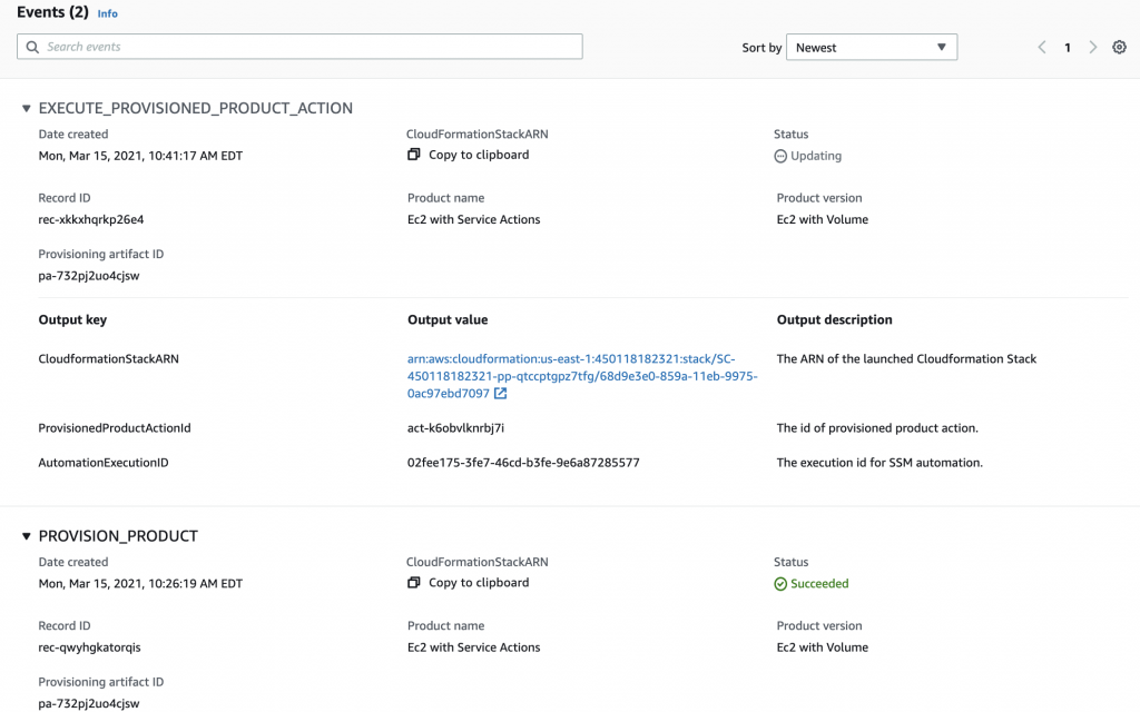 Provisioned product details page with two expanded stacked actions, PROVISION_PRODUCT and EXECUTE_PROVISION_PRODUCT_ACTION 