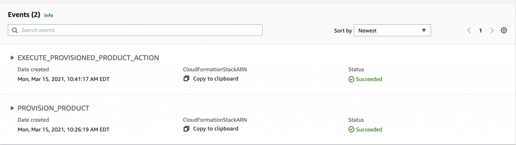 Collapsed view of the two provisioned events in a provisioned product. 