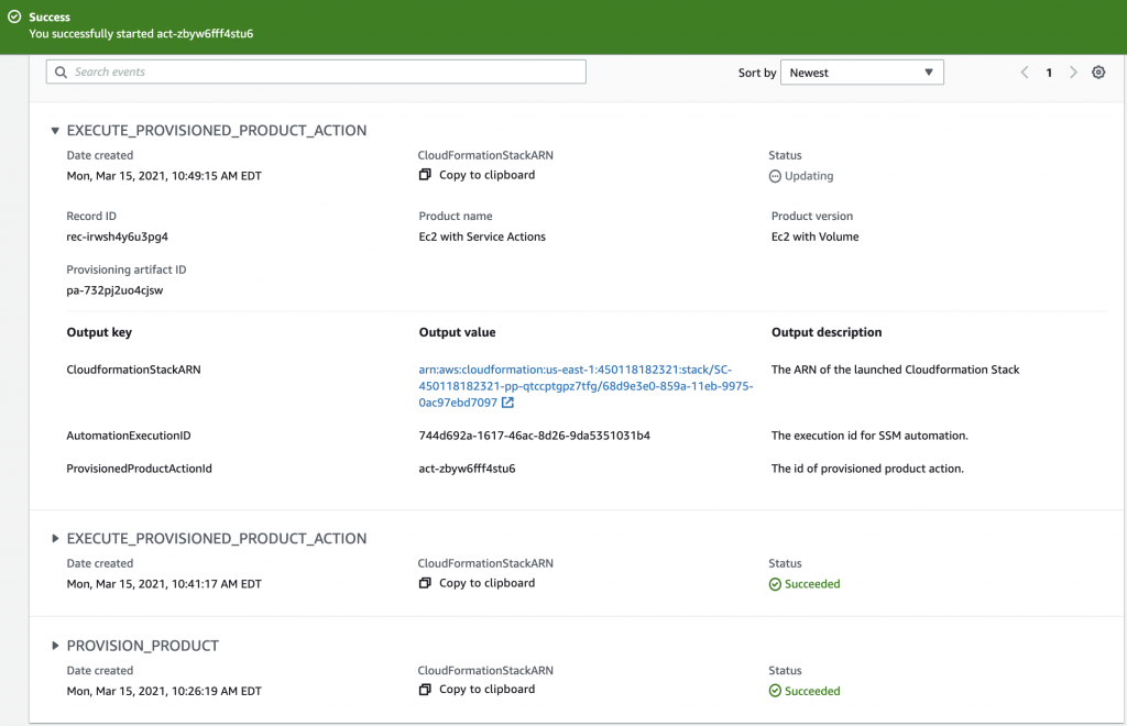 Provisioned product page shows the product launch and two stacked service actions, one of which has a status of Updating.