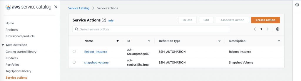 In Service Actions, Reboot_instance and snapshot_volume are displayed in the list. 
