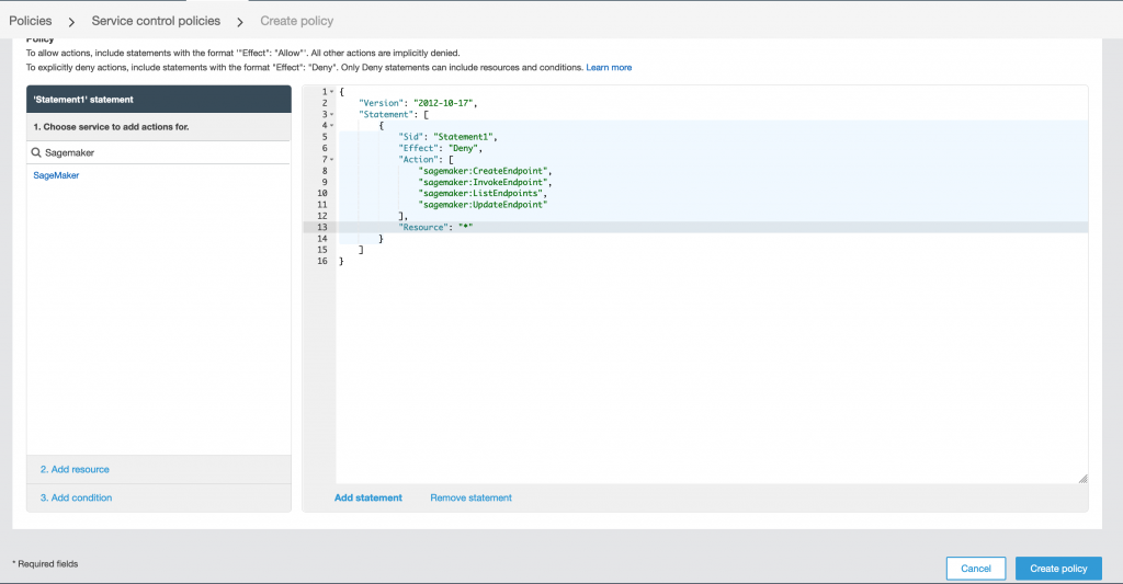 In the Action field for the SCP, CreateEndpoint, InvokeEndpoint, ListEndpoints, and UpdateEndpoint are specified.