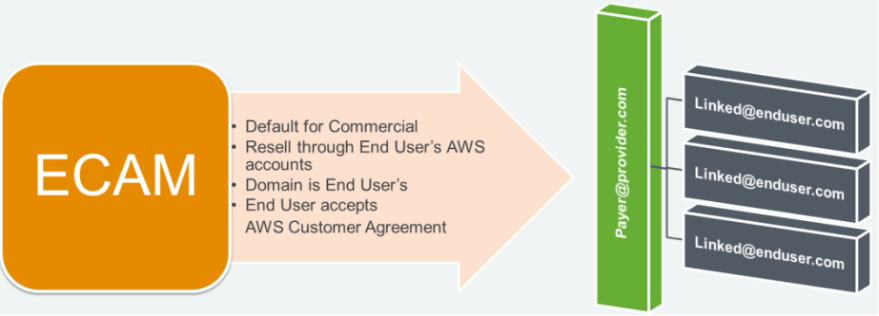 Default for commercial. Resell through end user’s AWS accounts. Domain belongs to end user. End user accepts the AWS Customer Agreement.