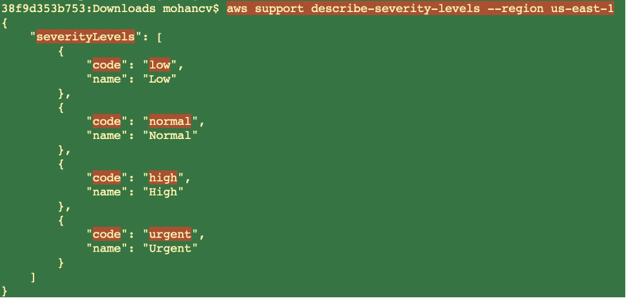 aws support describe-severity-levels –region us-east-1 returns severityLevels.