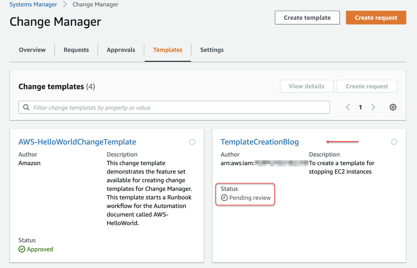 On the Templates tab, the TemplateCreationBlog template has a status of Pending review.