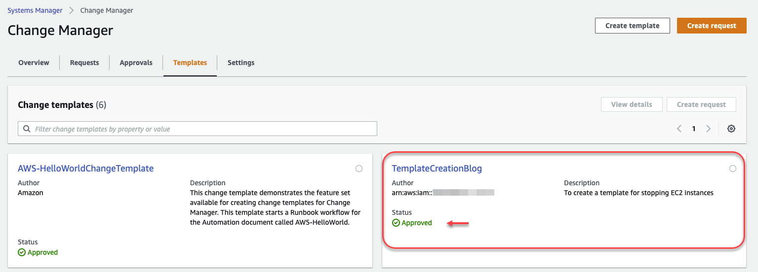 On the Templates tab, TemplateCreationBlog has a status of Approved.