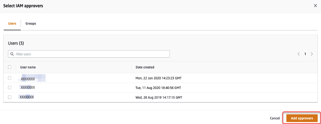 Select IAM approvers includes Users and Groups tabs. In this example, there are three users in the Users list.