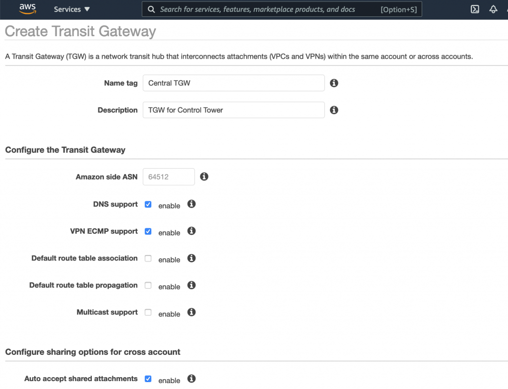 The Create Transit Gateway page displays fields for name tag and description. Under Configure the Transit Gateway, the Default route table association and Default route table propagation check boxes are cleared. The Auto accept shared attachments check box is selected.