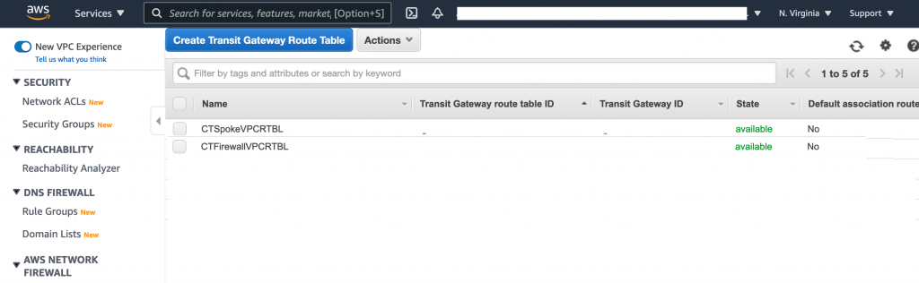 The Spoke VPC and Firewall route tables are displayed in a list. Both are in an available state.