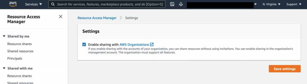 On the Settings page, the Enable sharing with AWS Organizations check box is selected.