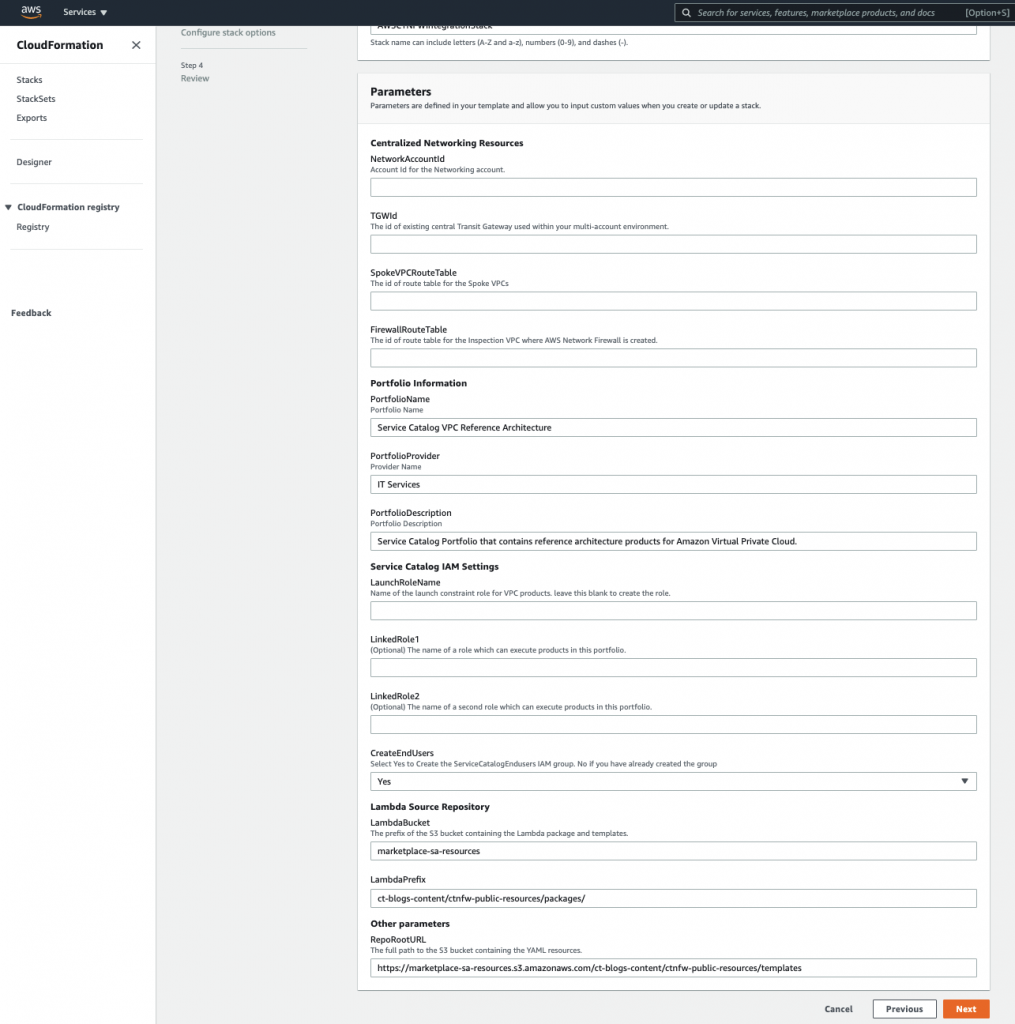 The CloudFormation stack creation page, shows the list of parameters required for the deployment.