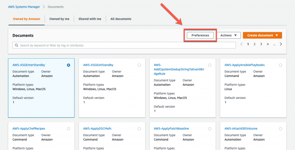In the Documents list, AWS-ASGEnterStandby is selected. It has a Document type of Automation and an Owner of Amazon.