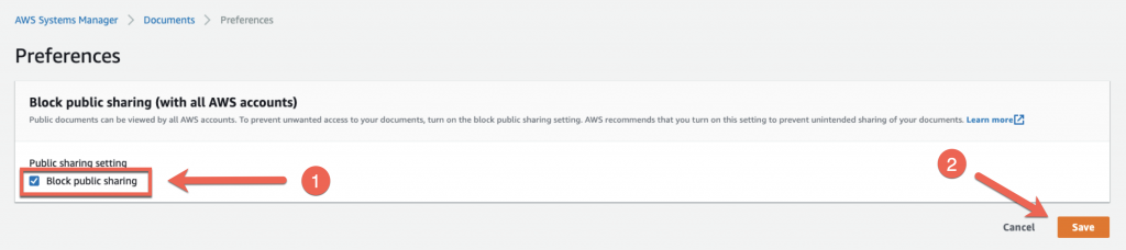 In the Block public sharing (with all AWS accounts) section, the Block public sharing checkbox is selected.