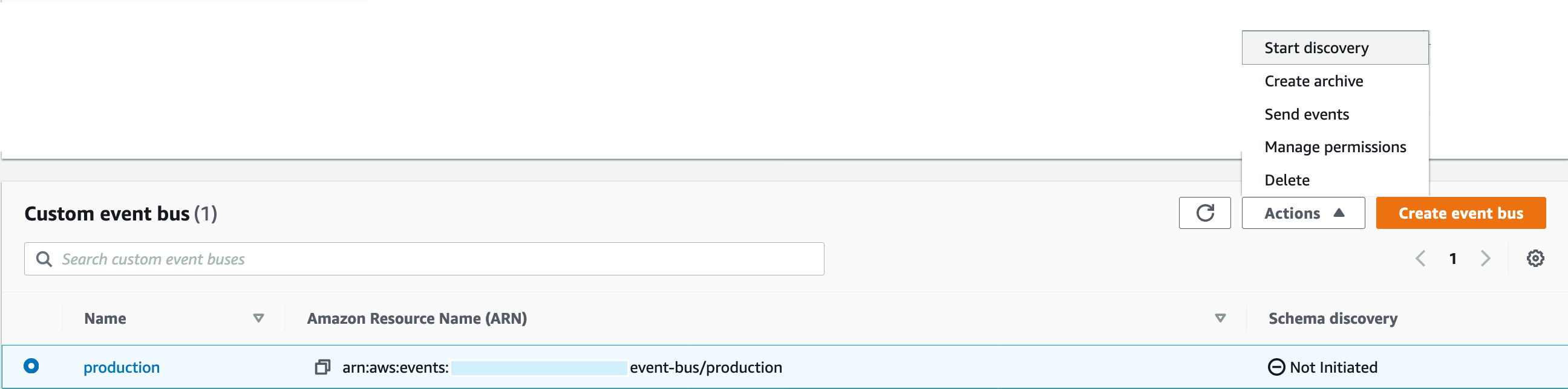 Custom event bus displays the production event bus and its ARN. Under Schema discovery, Not initiated is displayed.