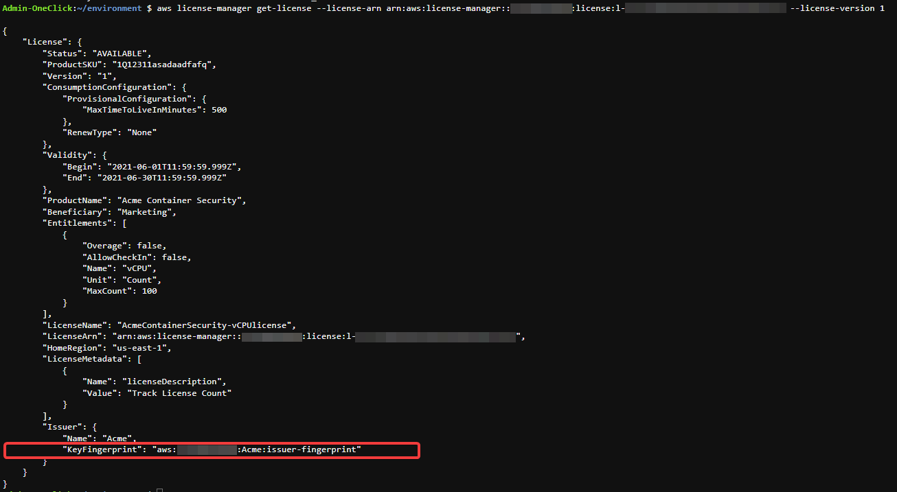 The key fingerprint that identifies the trusted license issuer appears in the output.