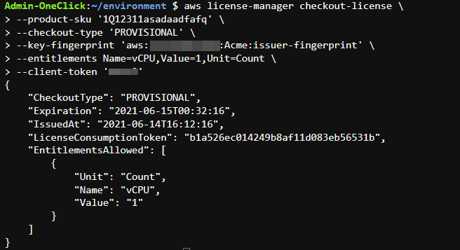 The CheckoutLicense API action uses the key fingerprint from the GetLicense API action as input.