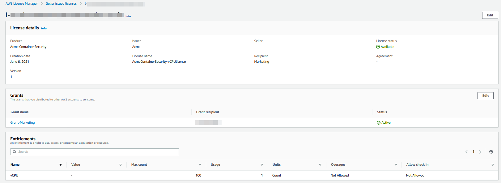 The Usage column which previously displayed 0 now displays 1 based on license consumption in the granted account.
