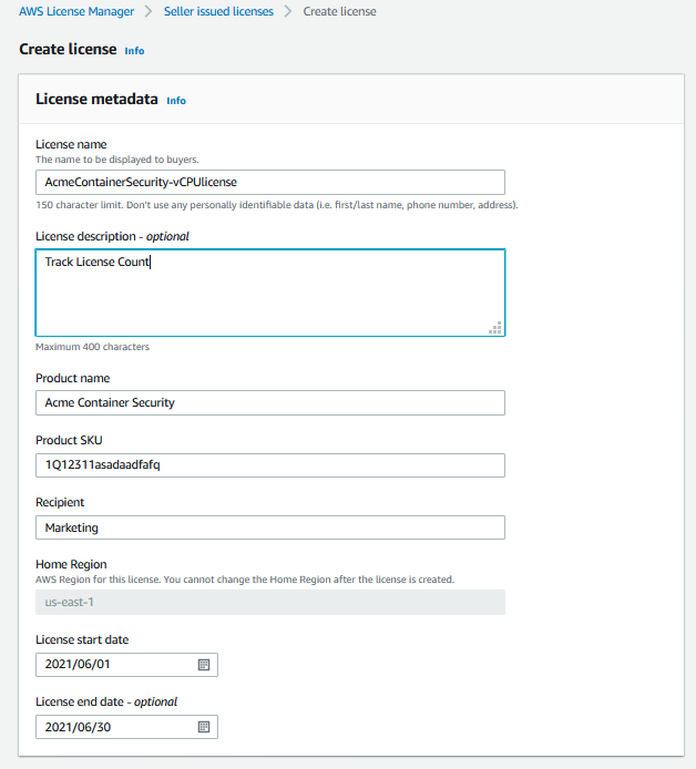 In License metadata, there are fields for license name, license description, product name, product SKU, recipient, and license start date and end date.
