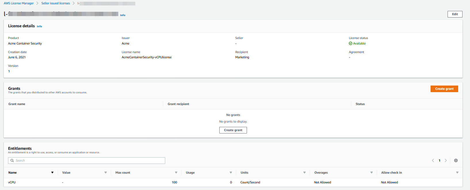 In the Entitlements section for the seller issued license, 100 is displayed in the Max count column and 0 is displayed in the Usage column.
