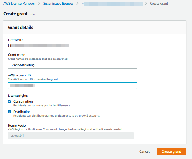 In Grant details, Grant-Marketing is entered for the grant name. Under License rights, the Consumption and Distribution check boxes are selected. 