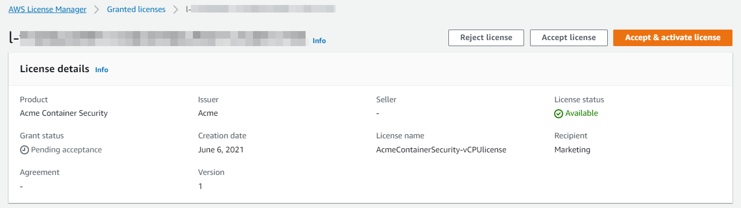 The license details include the product (in this example, Acme Container Security), grant status (Pending acceptance), issuer (Acme), creation date (June 6, 2021), version (1), seller, license name, license status (Available), and recipient (Marketing).