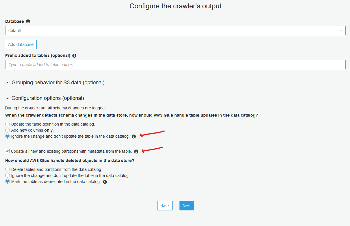 Under Database, default is displayed. Under Configuration options, the selections are made as described in the procedure.