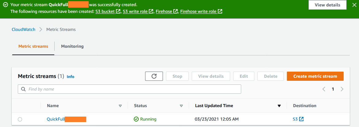 The stream has a status of Running and a destination of S3.