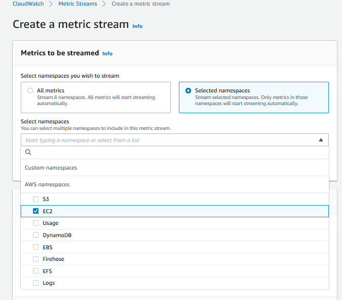 Under Metrics to be streamed, Selected namespaces is selected. Under Select namespaces, EC2 is selected in the list.