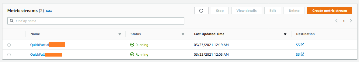 The two metric streams are displayed in the list. Both have a status of Running and a destination of S3.
