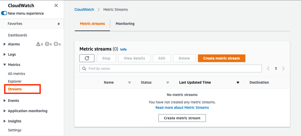 In the left navigation pane, Metrics is expanded to display entries for Explorer and Streams. The Streams page displays a Create metric stream button.