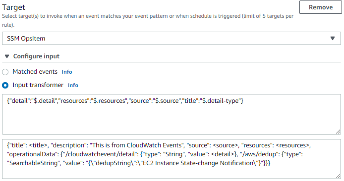 EventBridge rule showing the addition of a deduplication string after executing the runbook. The deduplication string is included as a dedupString parameter in the Input transformer section of the EventBridge rule.