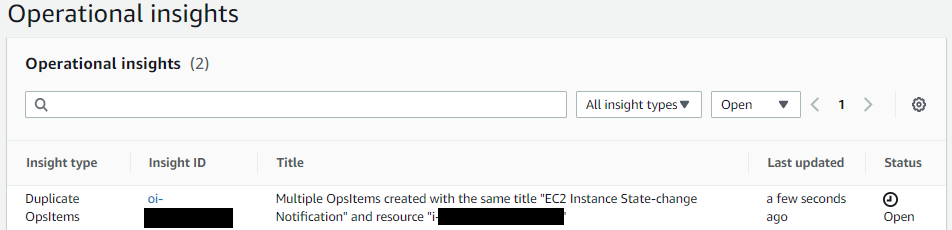 On Operational insights, there are table columns for insight type (in this example, Duplicate OpsItem), ID, title, last updated date, and status.