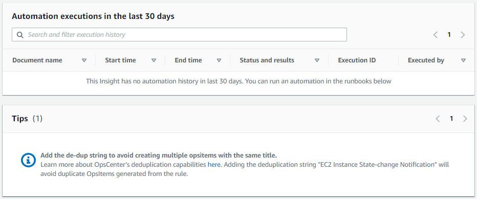 Under Automation executions in the last 30 days, the table is empty.