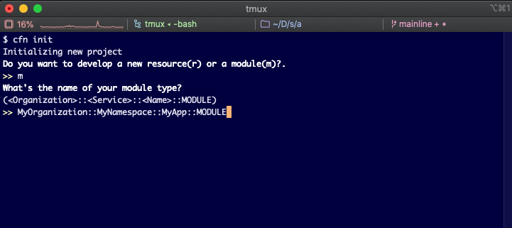 The terminal output from the module create command includes a prompt to develop a new resource (type “r”) or module (type “m”) and specify a name for the module type.