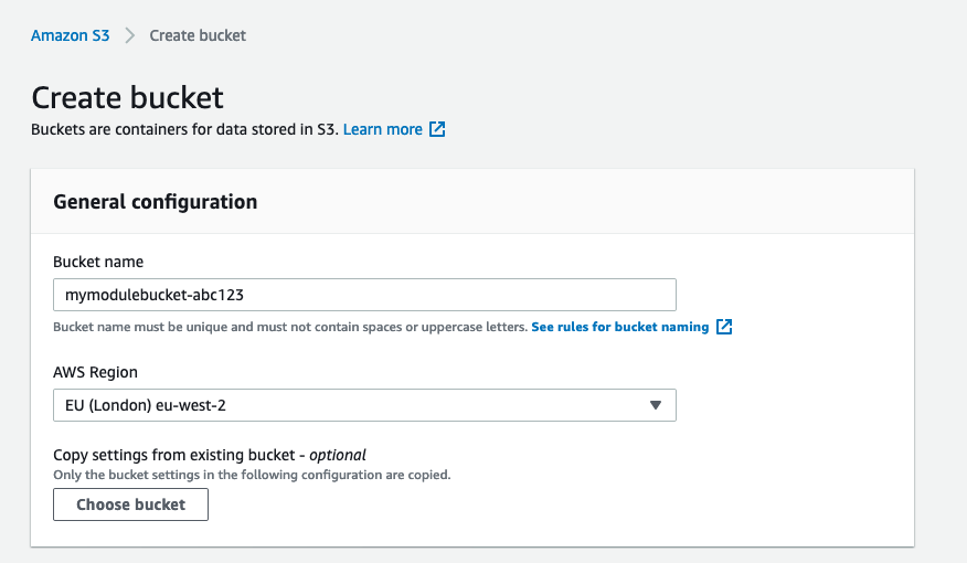 For Bucket name, mymodulebucket-abc123 is entered. For AWS Region, EU (London) eu-west-2 is selected.