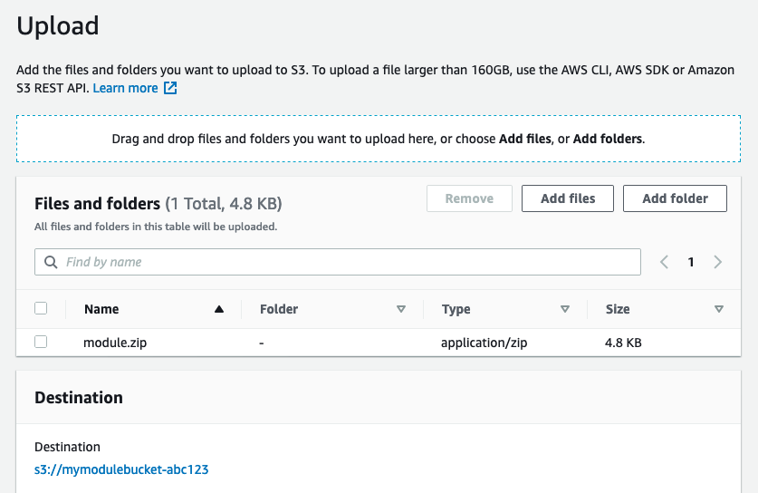 In Upload, under Files and folders, module.zip is displayed. Under Destination, s3://mymodulebucket-abc123 is displayed.