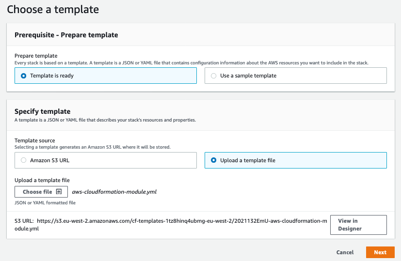 In Choose a template, the Template is ready option is selected. Under Specify template, the Upload a template file option is selected.