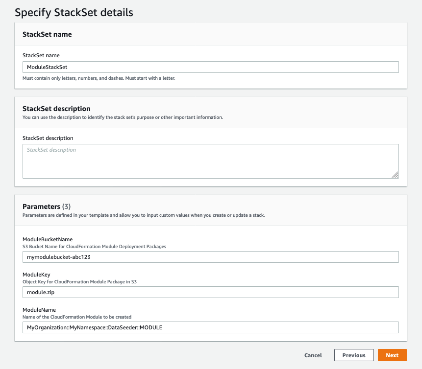 Specify StackSet details provides fields for name and description. In the Parameters section, there are values entered for ModuleBucketName, ModuleKey, and ModuleName.