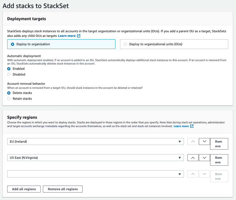 Under Deployment targets, Deploy to organization is selected. Automatic deployment is enabled. Specify the AWS Regions where the module will be deployed.