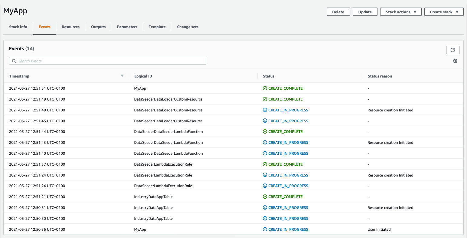 Events are displayed by timestamp, logical ID, status, and status reason.