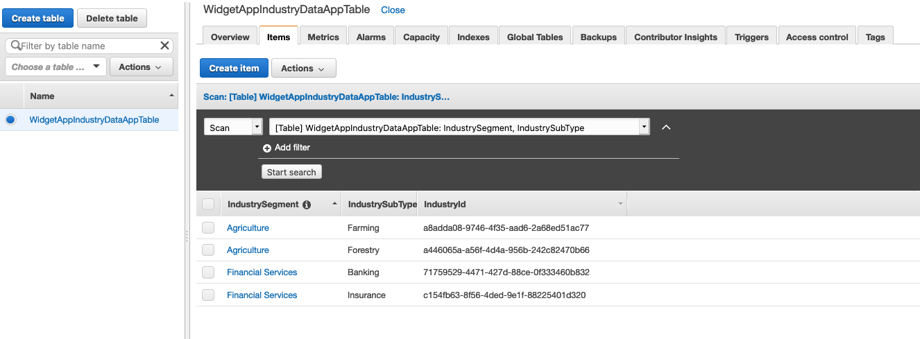 On the WidgetAppIndustryDataAppTable page, the Items tab is selected. There are columns for IndustrySegment, IndustrySubType, and IdustryId.