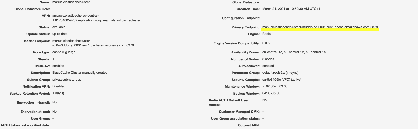 Cluster configuration details include name, ARN, node type, primary endpoint, and more.