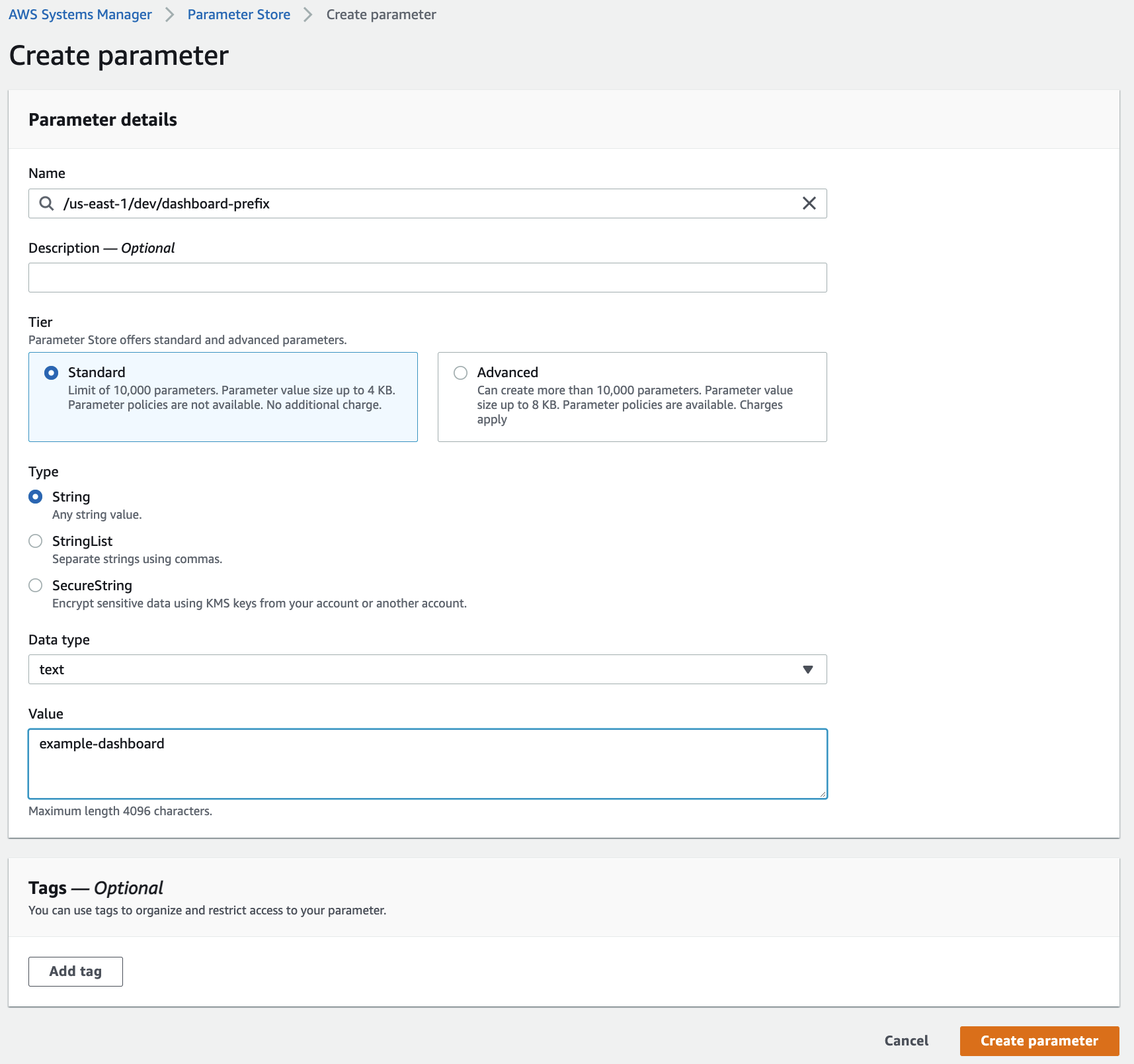 The Create Parameter page showing all the details that are required to make the parameter.