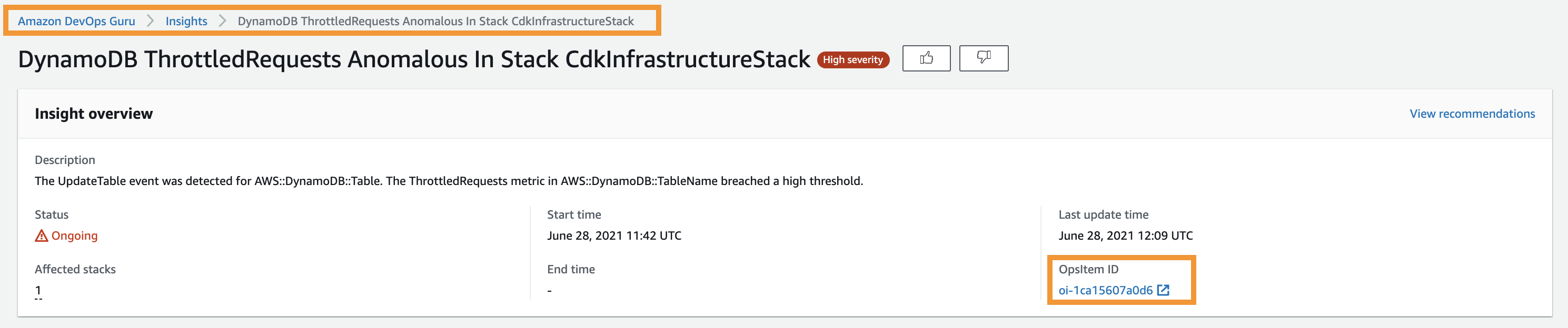 The DevOps Guru insights page contains a link to the OpsItem created when the anomaly was detected. The link opens the OpsItem page