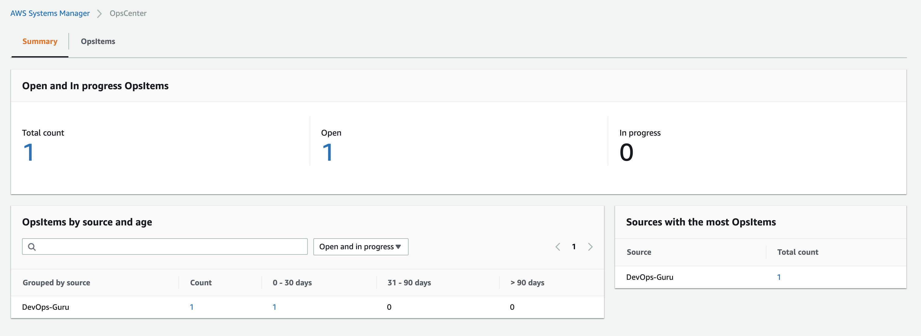 The OpsCenter console displays the total number of OpsItems, how many are open, and how many are in progress