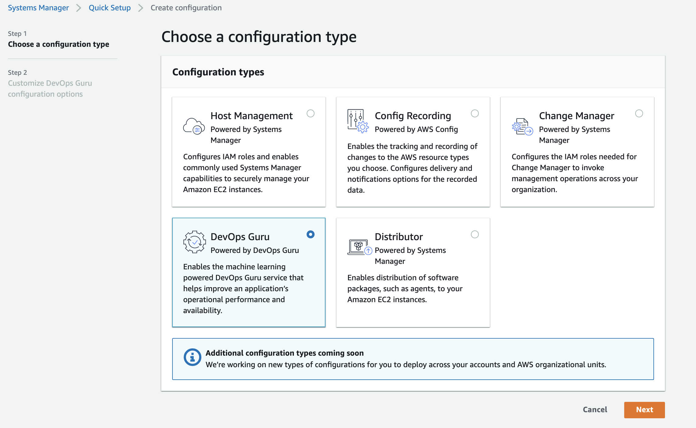 Under Quick Setup create configuration page, the DevOps Guru configuration type is selected