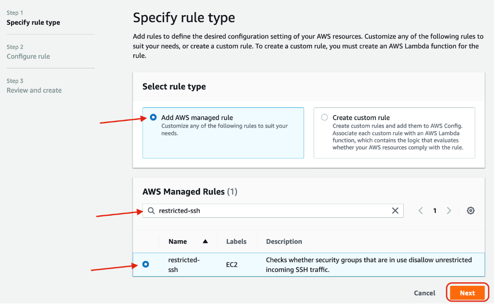 On the Specify rule type page, the Add AWS managed rule option is selected. restricted-ssh is entered in the search field and restricted-ssh option is selected in the results. 