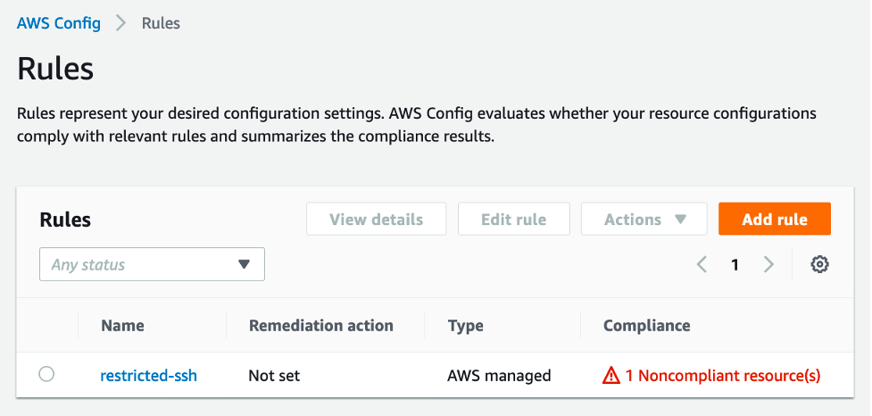 The Rules page displays one rule, restricted-ssh, with a remediation action of Not set, a type of AWS managed, and one noncompliant resource.