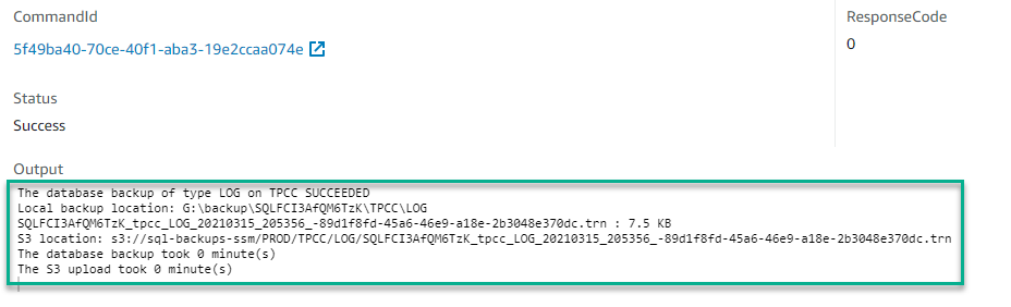 The output of the execution says the database backup of type LOG on TPCC SUCCEEDED. The database backup took 0 minutes. The S3 upload took 0 minutes.