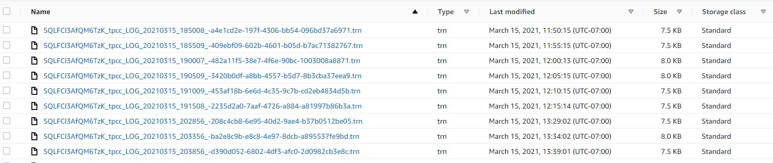 In the EC2 console, the transaction logs uploaded to S3 are displayed in a list organized by name, type, last modified, size, and storage class.